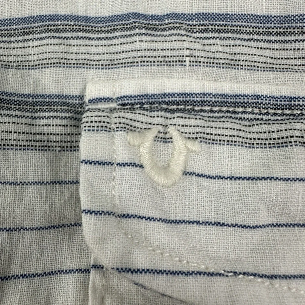 True Religion Men's Linen Cotton Shirt XXL White Blue Striped 2XL Long Sleeve‎